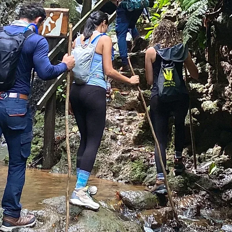 Adventurers crossing a stream during the jungle trekking tour.